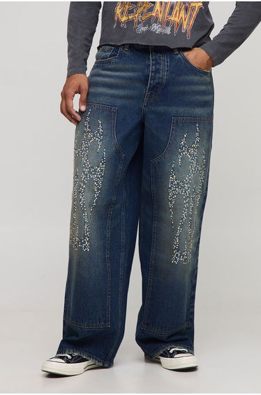 Baggy Embellished Tribal Carpenter Jeans - antique blue