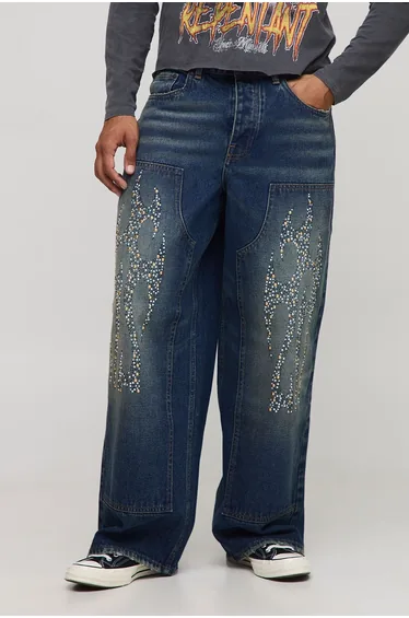 Baggy Embellished Tribal Carpenter Jeans - antique blue