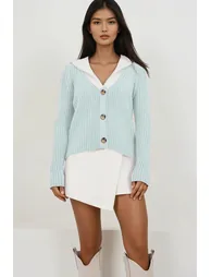 Women's blue fur collar knit cardigan