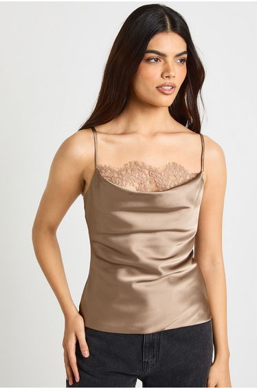 Satin Lace Cowl Cami - mocha
