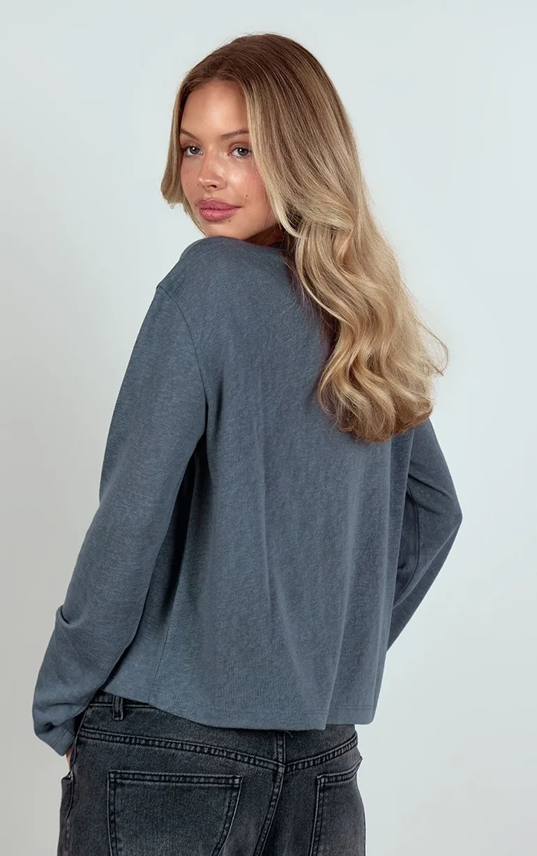 Grey Slub Jersey Button Detail Long Sleeve Top - 2