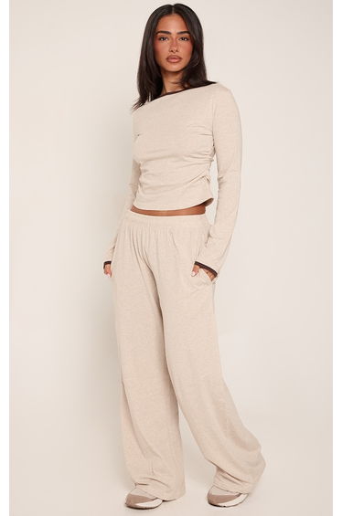 Petite Oatmeal Cotton Contrast Drawstring Relaxed Joggers