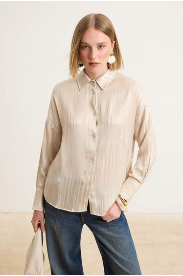 Beige Regular Satin Striped Shirt