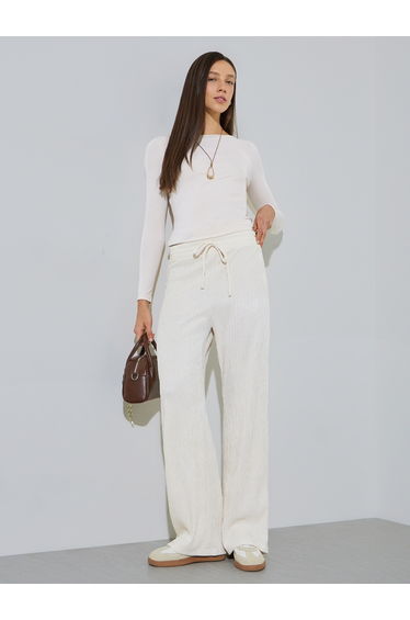 Cream Textured Wide Leg Drawstring Pants
