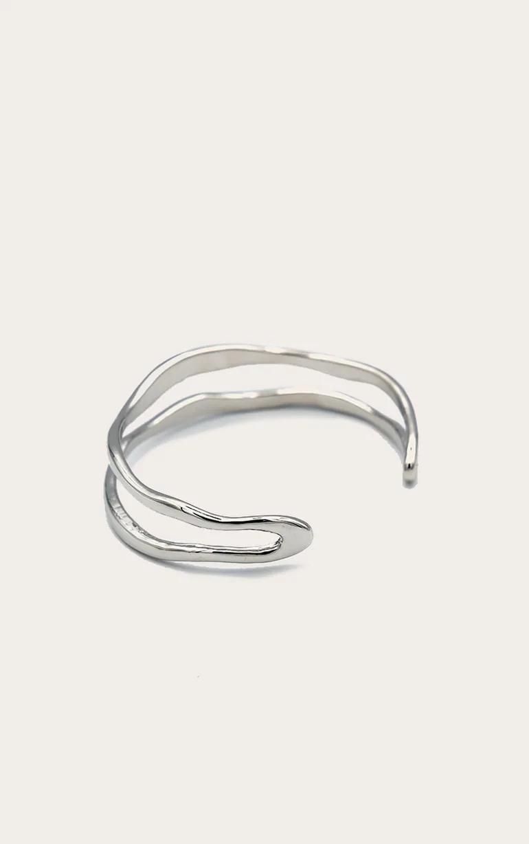 Silver Double Ridge Wave Bangle - 1
