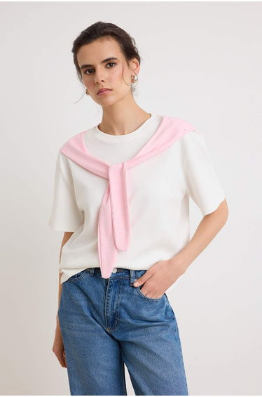 Pink Plain Regular Fit Shawl Detailed Stretchy Knitted T-Shirt