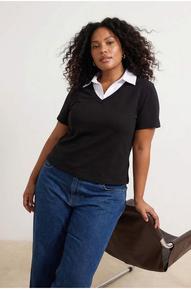 Black Shirt Collar Detailed Stretchy Knitted Plus Size Blouse