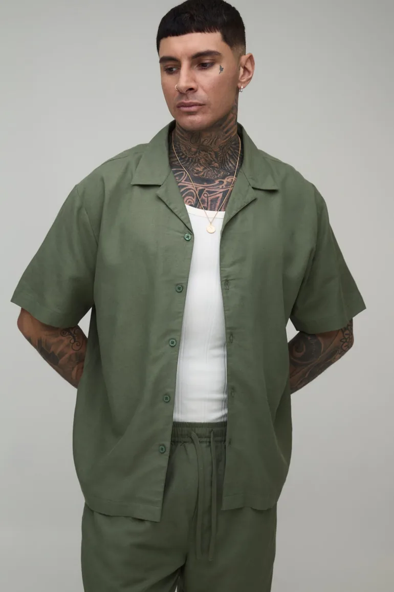 Tall Holiday Linen Blend Oversized Shirt & Relaxed Trouser Set - olive - 2