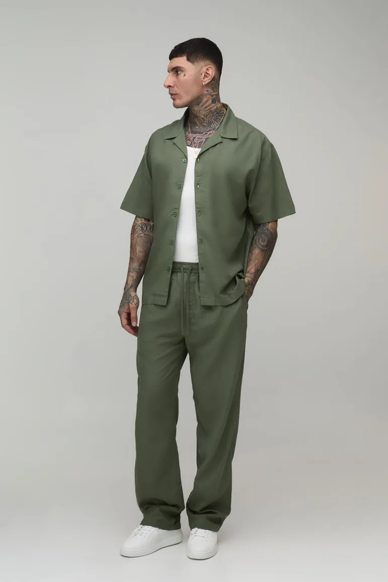Tall Holiday Linen Blend Oversized Shirt & Relaxed Trouser Set - olive