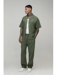 Tall Holiday Linen Blend Oversized Shirt & Relaxed Trouser Set - olive