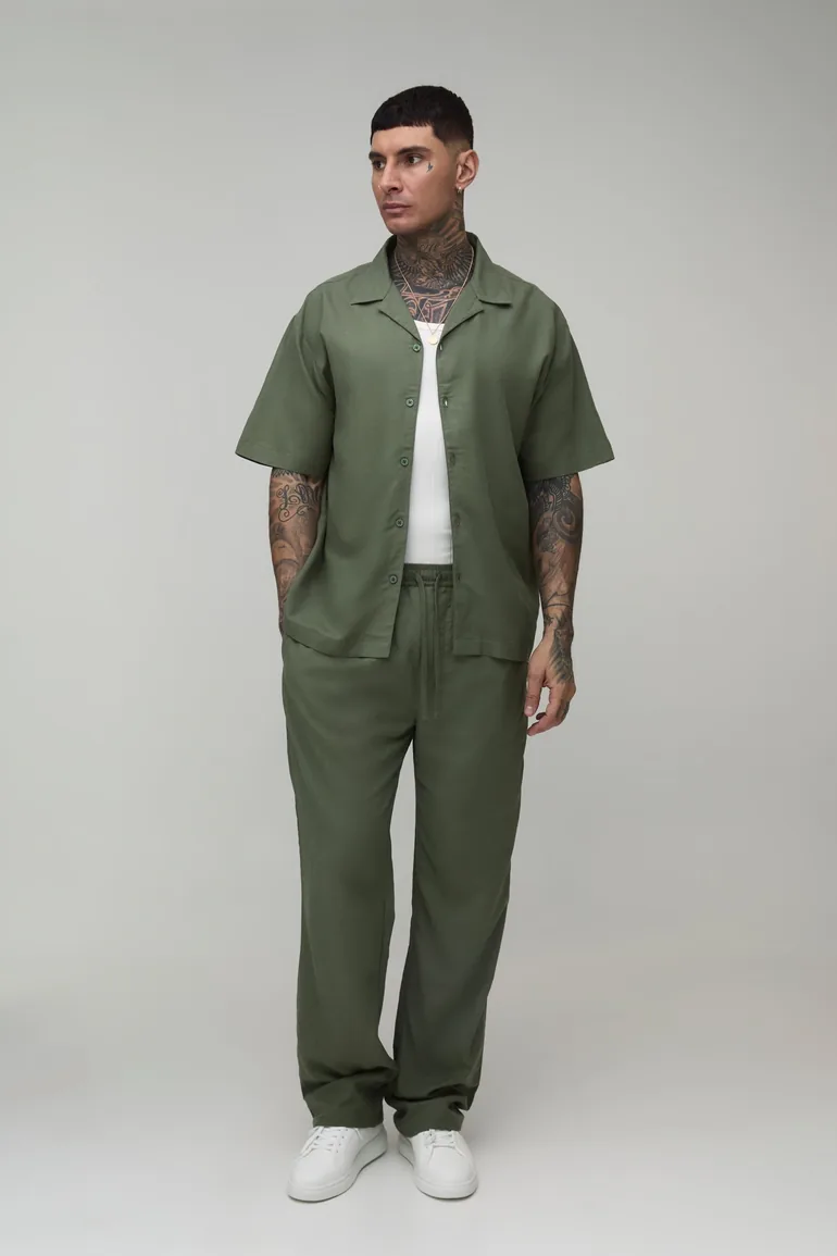 Tall Holiday Linen Blend Oversized Shirt & Relaxed Trouser Set - olive - 1