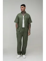Tall Holiday Linen Blend Oversized Shirt & Relaxed Trouser Set - olive - 1