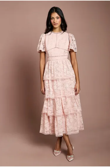 Petite Tiered Lace Dress With Flutter Sleeve & Trims