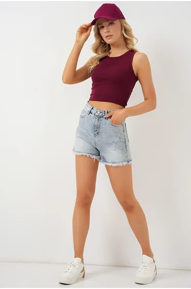 Women's Tasseled Denim Shorts  - Blue