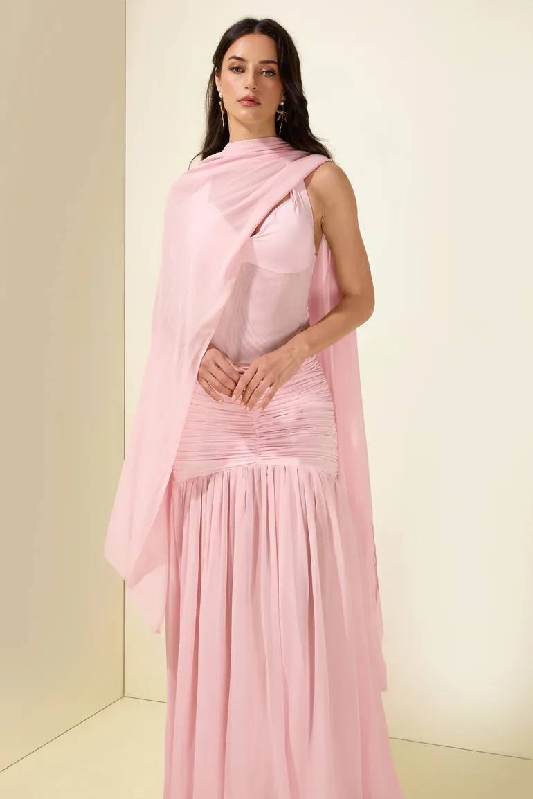 Chiffon Jersey Gathering Midi Dress - 2