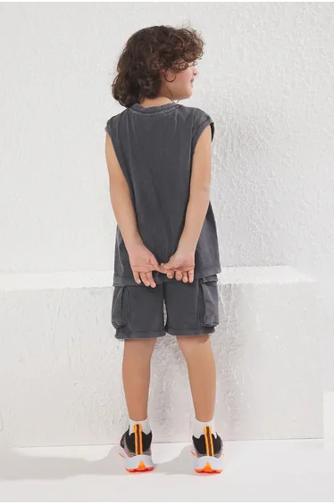 Anthracite Boy's Cotton Distressed/Faded Effect Athlete Shorts Knitted Bottom-Top Set