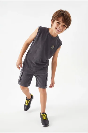 Anthracite Boy's Cotton Distressed/Faded Effect Athlete Shorts Knitted Bottom-Top Set