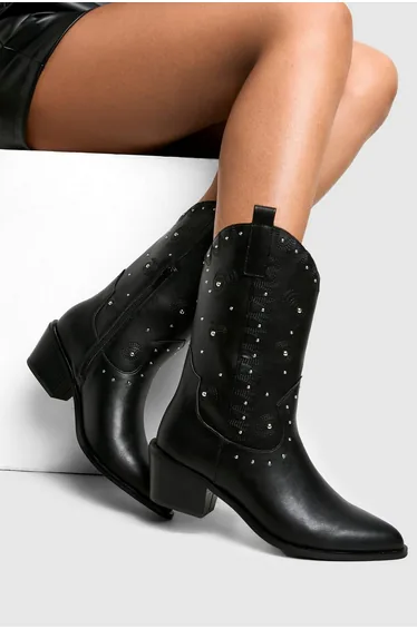 Wide Fit Studded Embossed Detail Heeled Western Boots - black