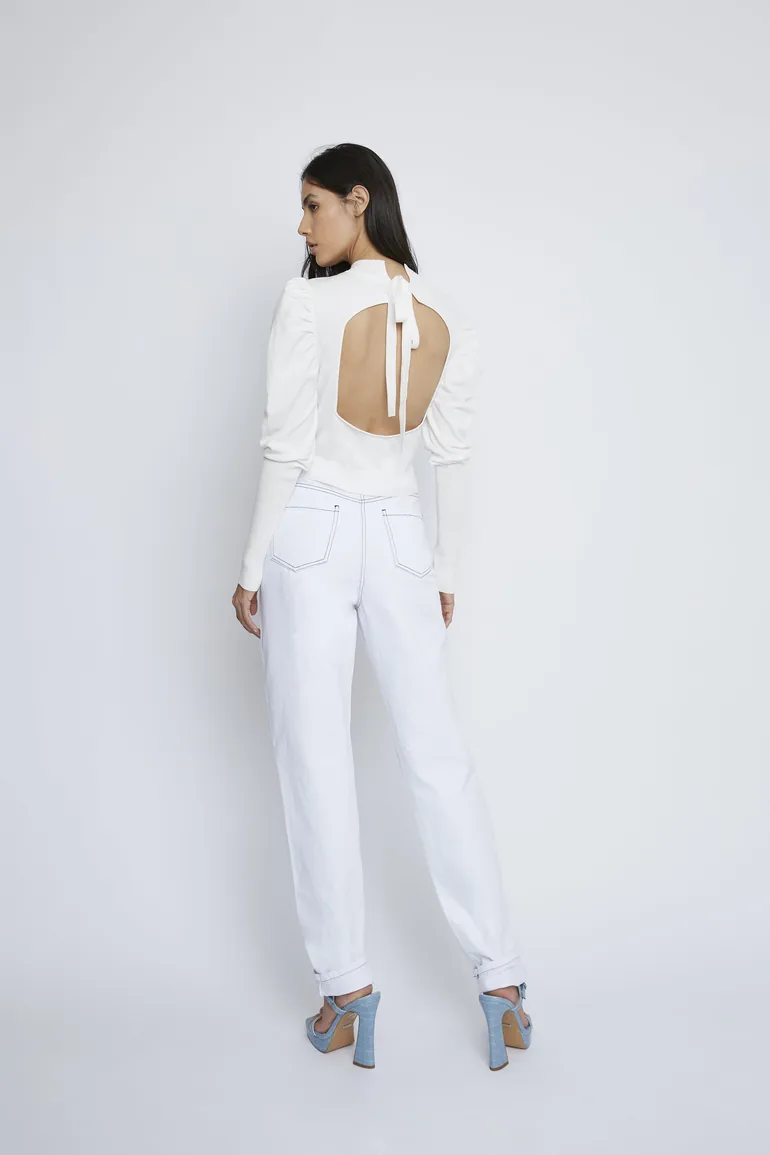 Glamorous White Puff Shoulder Open Back Jumper - 2