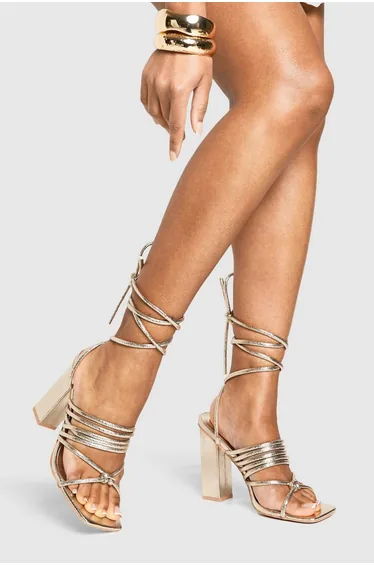 Multi Strap Block Heel Tie Up Sandals - gold