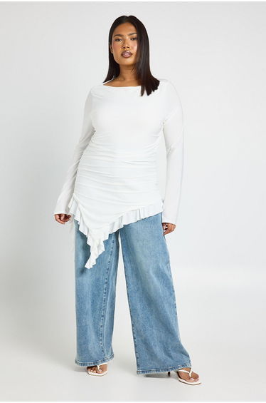 Plus Soft Touch Long Sleeve Frill Hem Top - white