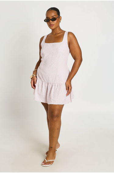 Plus Stripe Square Neck Frill Hem Mini Dress - pink