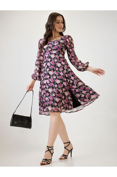 Purple Floral Printed Square Neck Midi Dress