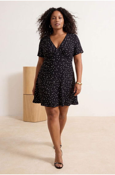 Black Polka Dot Mini Tulle Binding Detailed Knitted Plus Size Dress