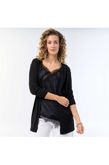 Fine-gauge open knit short cardigan BLACK