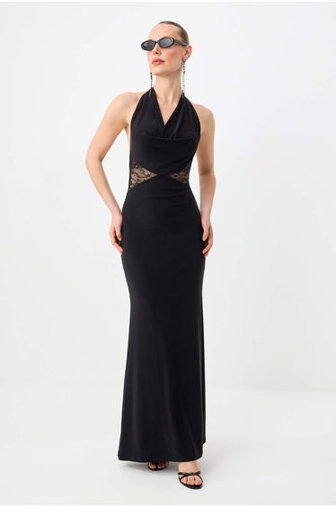 Black Lace Detailed Lined Maxi Evening & Graduation Dress