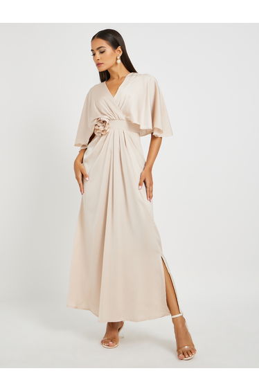 Corsage Detail Flared Sleeves A-Line Maxi Dress
