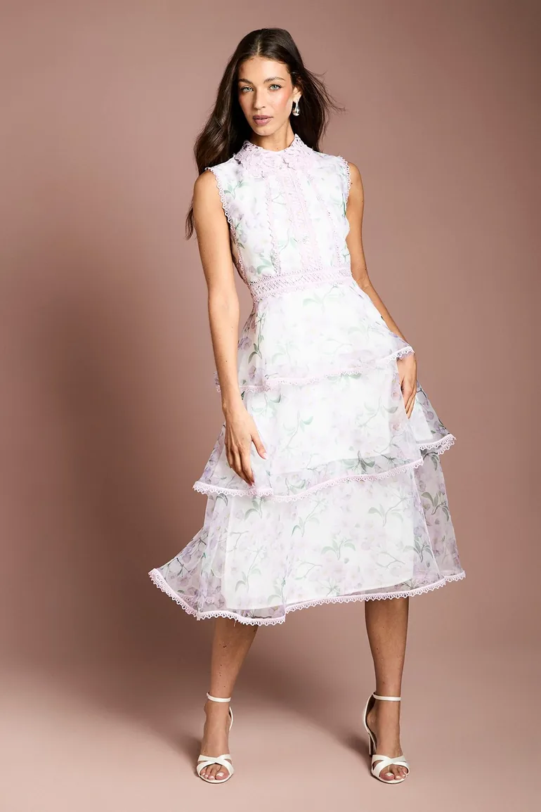Floral Organza Lace Collar Tiered Midi Dress