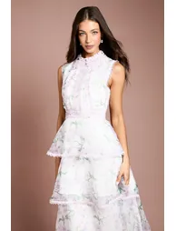 Floral Organza Lace Collar Tiered Midi Dress - 1
