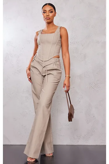 Tall Stone Faux Leather Tie Detail Wide Leg Trousers