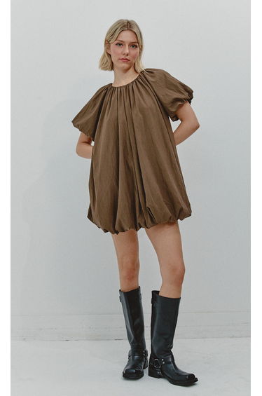 Brown Puffball Mini Dress