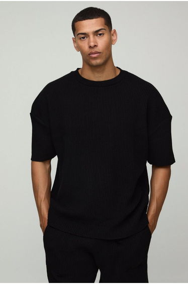 Boxy Fit Ribbed Knitted T-Shirt and Shorts Set - black