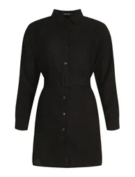 Belted Button Down Long Sleeve Shirt Dress - black - 2