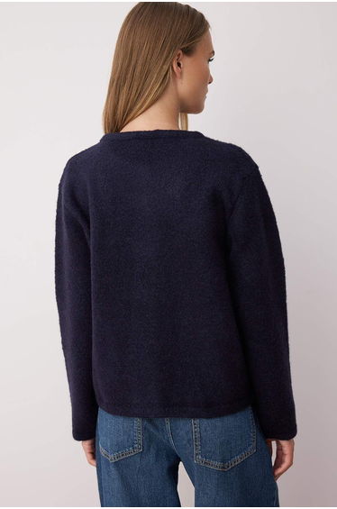 Navy Blue Belt Detailed Soft Texture Wide Pattern Coat Look Knitwear Cardigan product thumbnail 4