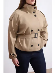 Wardrobe Essentials Beige Regular Plus Size Stand Collar Belted Short Trench Coat - 3