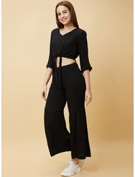 Black Casual Crop Top and Flared Pants Co-Ords - 2