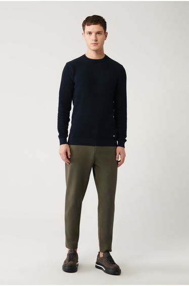 Men's Navy Blue Double Collared Textured Knitwear Sweater