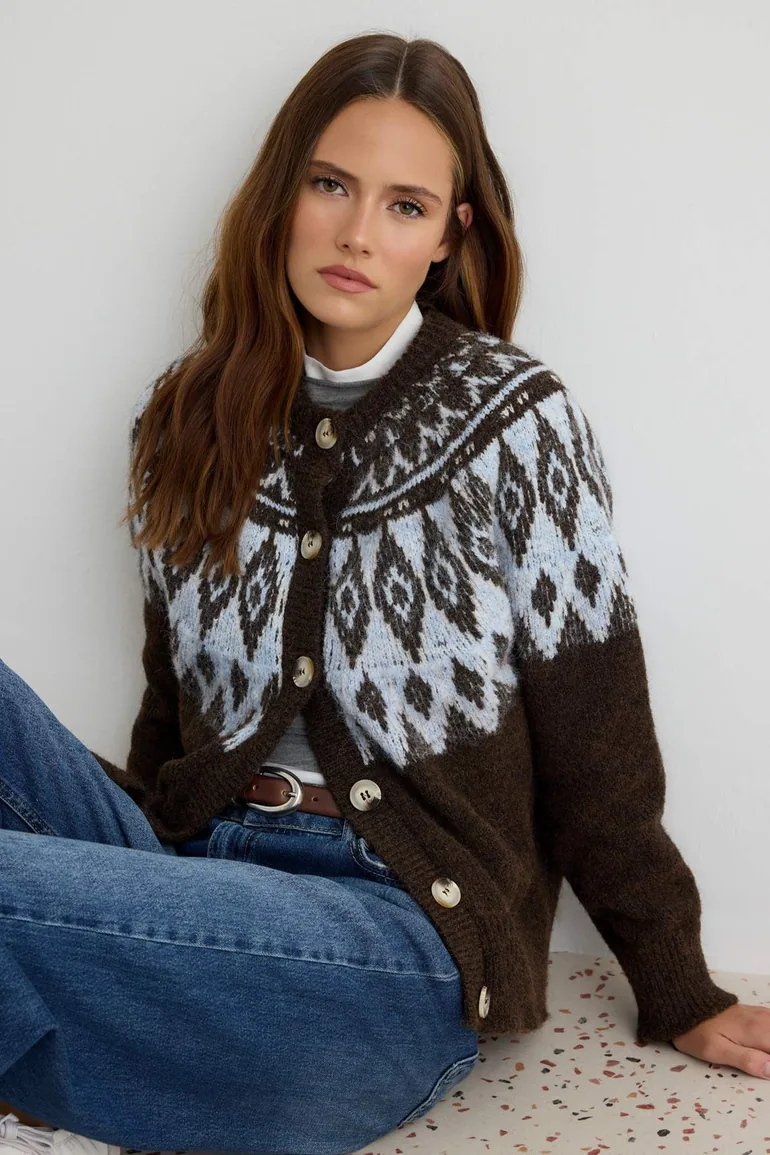 Brown Soft Textured Patterned Wool Knitwear Cardigan - 1