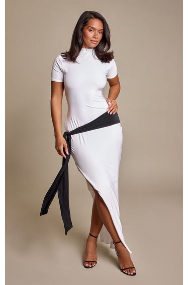 Shape Cream Contrast Tie Detail Short Sleeve Maxi Dress