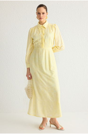 Light Yellow Jacquard Shirt Collar Woven Dress