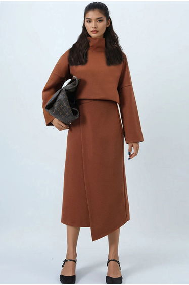 Women's Cinnamon Brown Stand Collar Wide Cut Blouse and Asymmetrical Wrap Midi Skirt Cashmere Suit