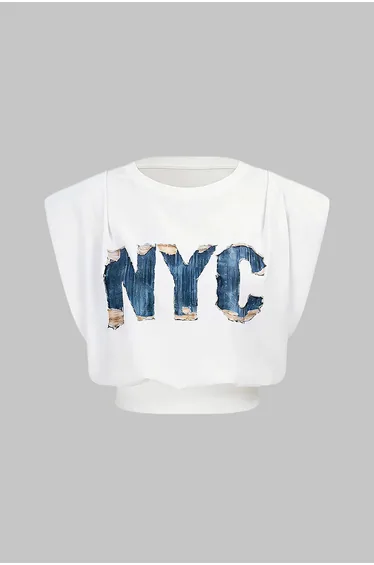 Letter Print Ruched Sleeveless T-Shirt