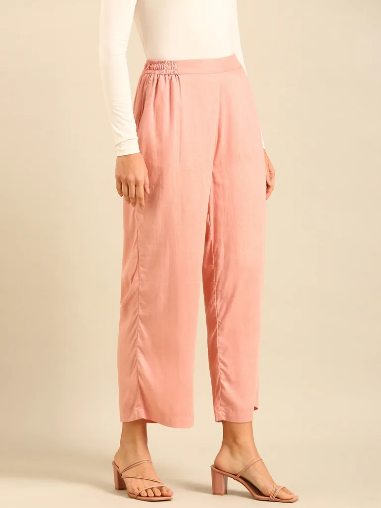 Pink Solid Wide Leg Pants - 2