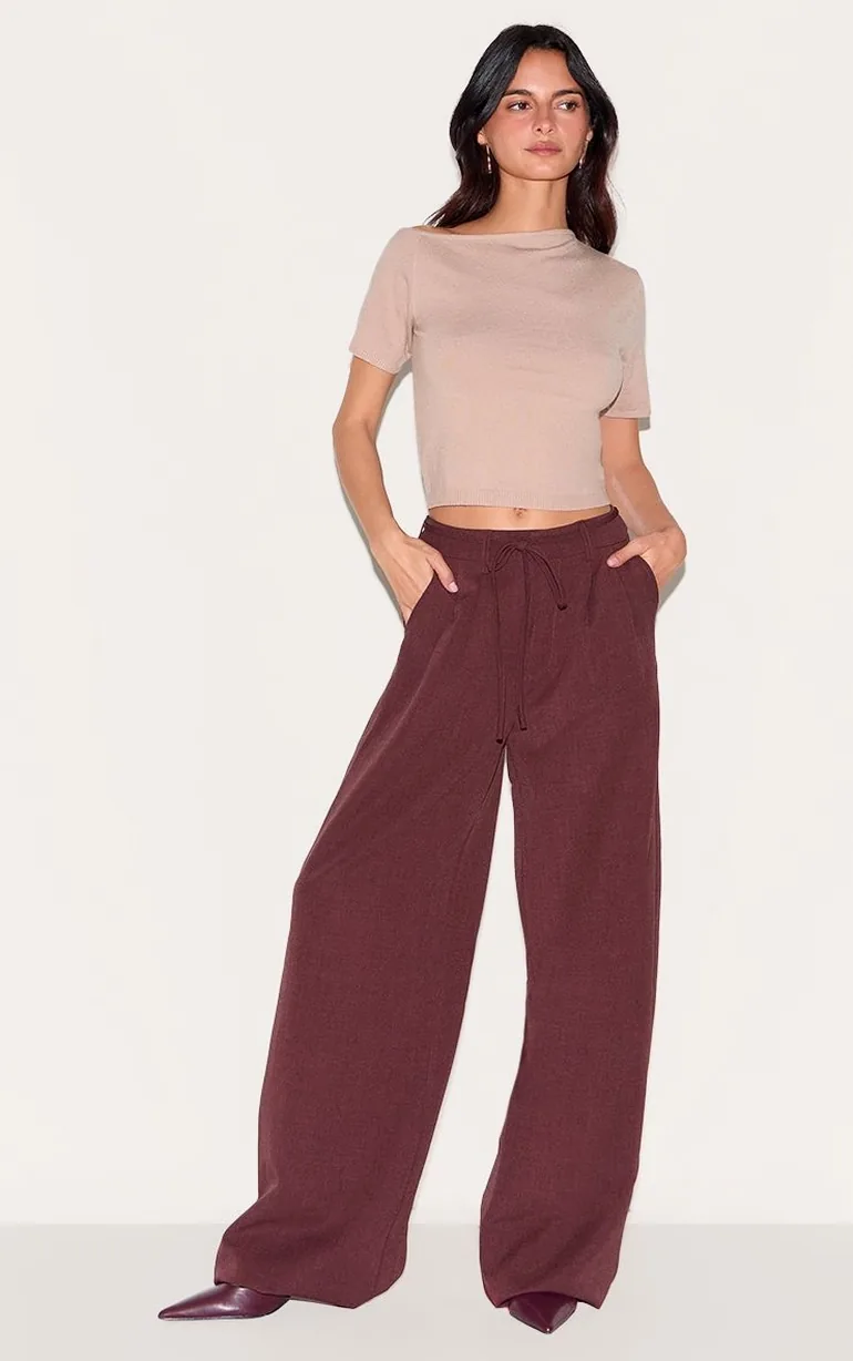 Taupe Basic Knit Asymmetric Neckline Top
