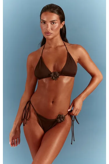Chocolate Flower Trim Triangle Bikini Top