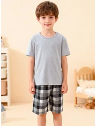 Boys Grey T-Shirt and Checkered Shorts Pyjama Set - 4